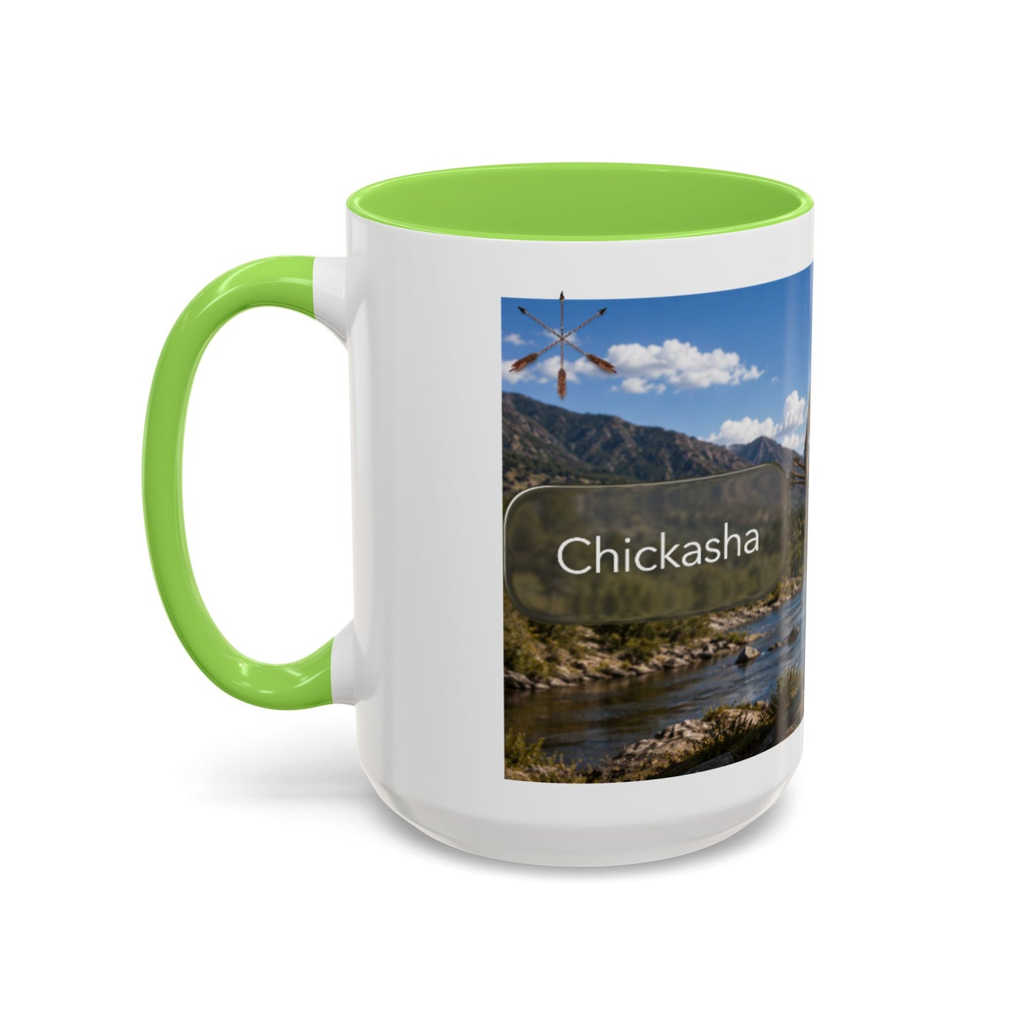 Chickasaw Warrior Statue Scenic Mug — Mythic Landscape Coffee Cup (11oz/15oz)