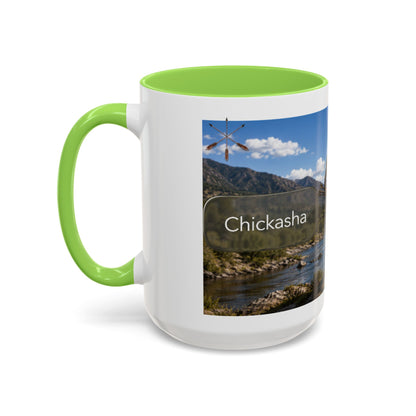 Chickasaw Warrior Statue Scenic Mug — Mythic Landscape Coffee Cup (11oz/15oz)