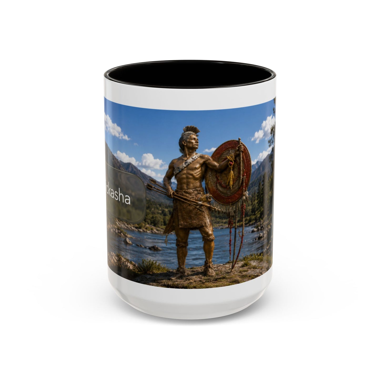 Chickasaw Warrior Statue Scenic Mug — Mythic Landscape Coffee Cup (11oz/15oz)