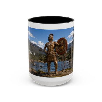 Chickasaw Warrior Statue Scenic Mug — Mythic Landscape Coffee Cup (11oz/15oz)