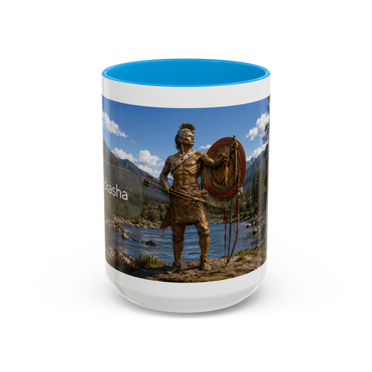 Chickasaw Warrior Statue Scenic Mug — Mythic Landscape Coffee Cup (11oz/15oz)