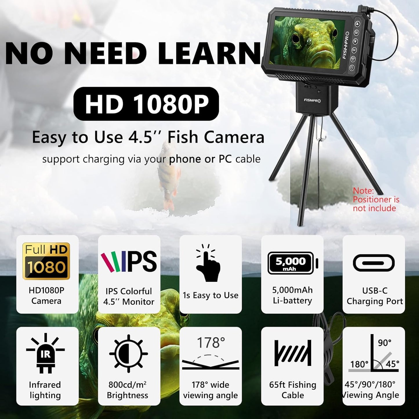 [® 2026 Upgrade] 4.5'' True HD 1080P Underwater Fishing Camera (Plug & Play) - Ice Fishing Camera Underwater W/ 5,000Mah, USB-C, IR+LED, Fish Finder for Ice/Lake/Kayak, 65Ft