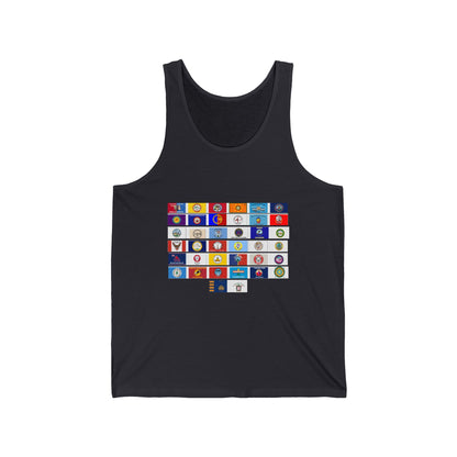 Flag Grid & Arrow Minimalist Tank Top — Graphic Travel & Adventure Muscle Tee