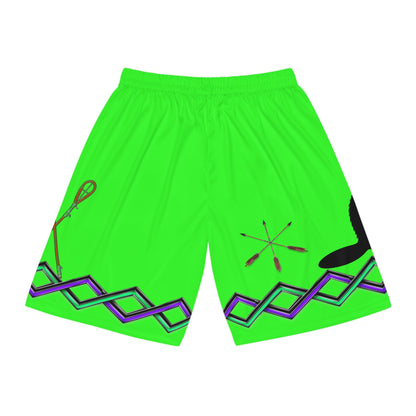 Neon Green Lacrosse Shorts with Beaver & Arrow Pattern — AOP Basketball Shorts