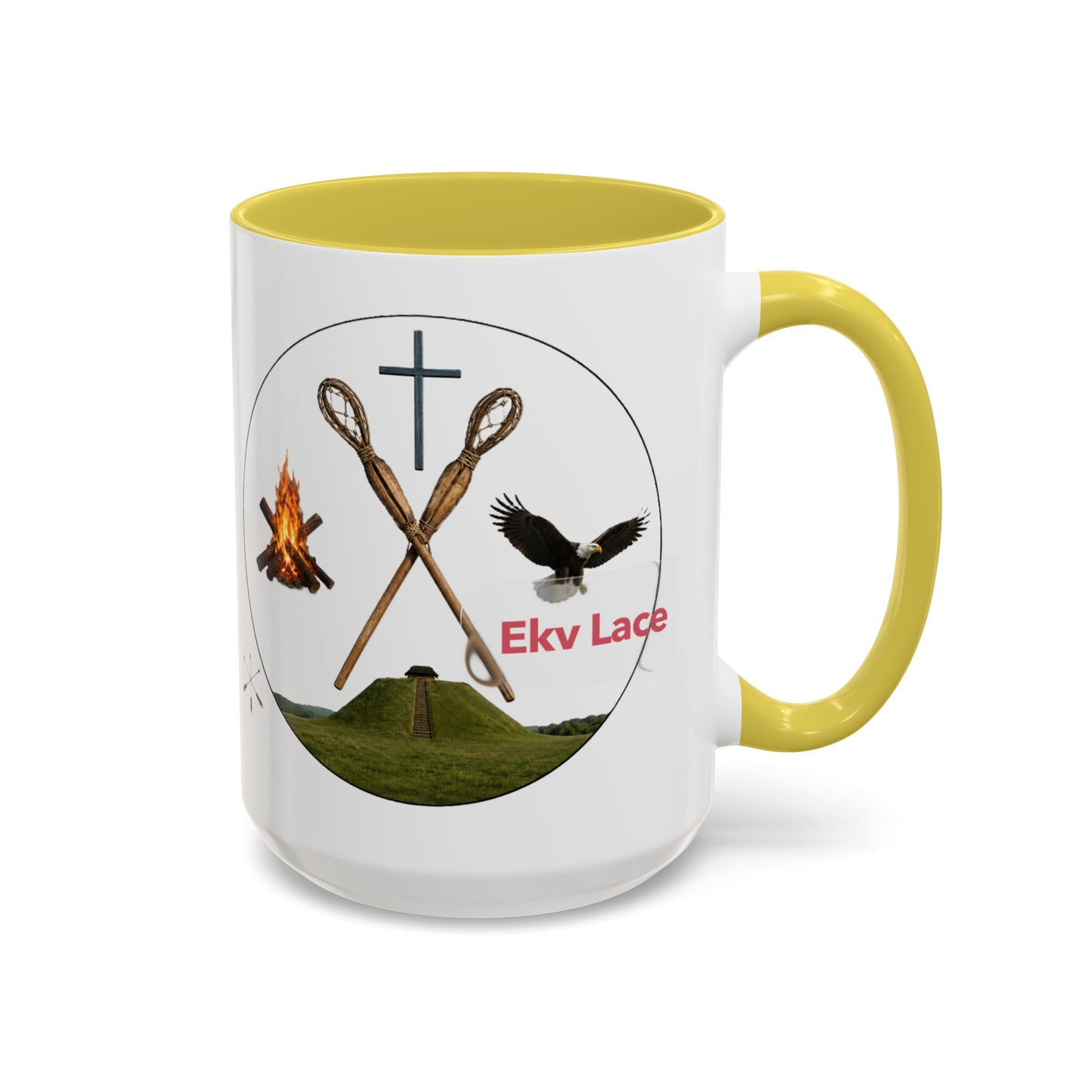 Kialegee Adventure Mug — 'Ekv Lace' Cross, Eagle & Campfire Ceramic Coffee Cup (11oz/15oz)