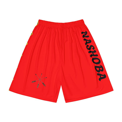 Wolf Choctaw Graphic Sports Shorts — Red Tribal Print "NASHOBA" Athletic Shorts