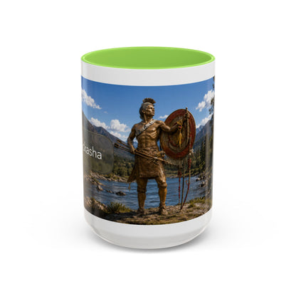 Chickasaw Warrior Statue Scenic Mug — Mythic Landscape Coffee Cup (11oz/15oz)