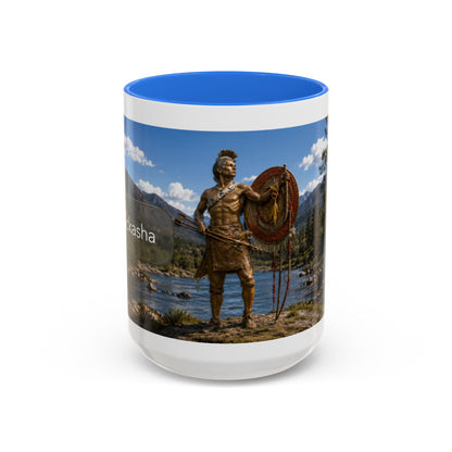 Chickasaw Warrior Statue Scenic Mug — Mythic Landscape Coffee Cup (11oz/15oz)