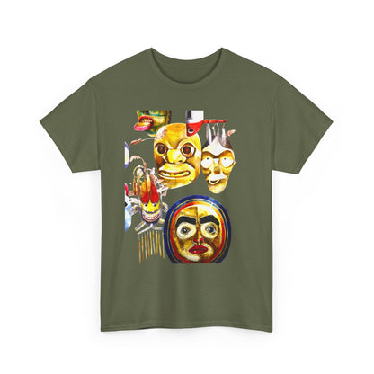 Mask Print Tee — Tribal Mask Artwork T‑Shirt with Arrow Backprint