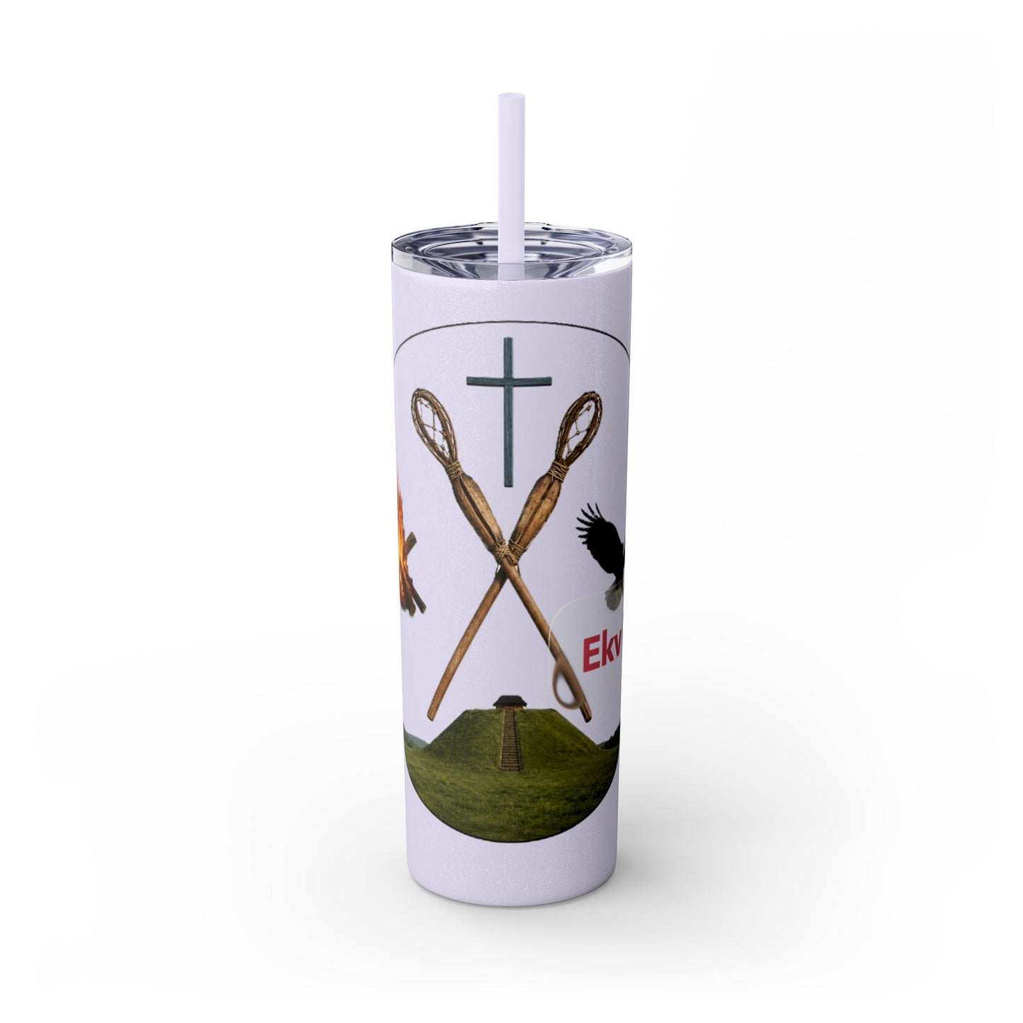 Kialegee 20oz Skinny Tumbler — Faith & Outdoor Lacrosse Design with Cross, Sticks, Campfire