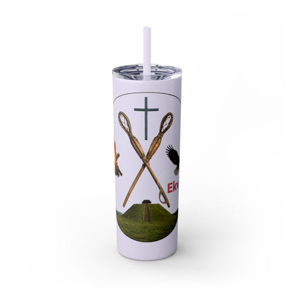 Kialegee 20oz Skinny Tumbler — Faith & Outdoor Lacrosse Design with Cross, Sticks, Campfire