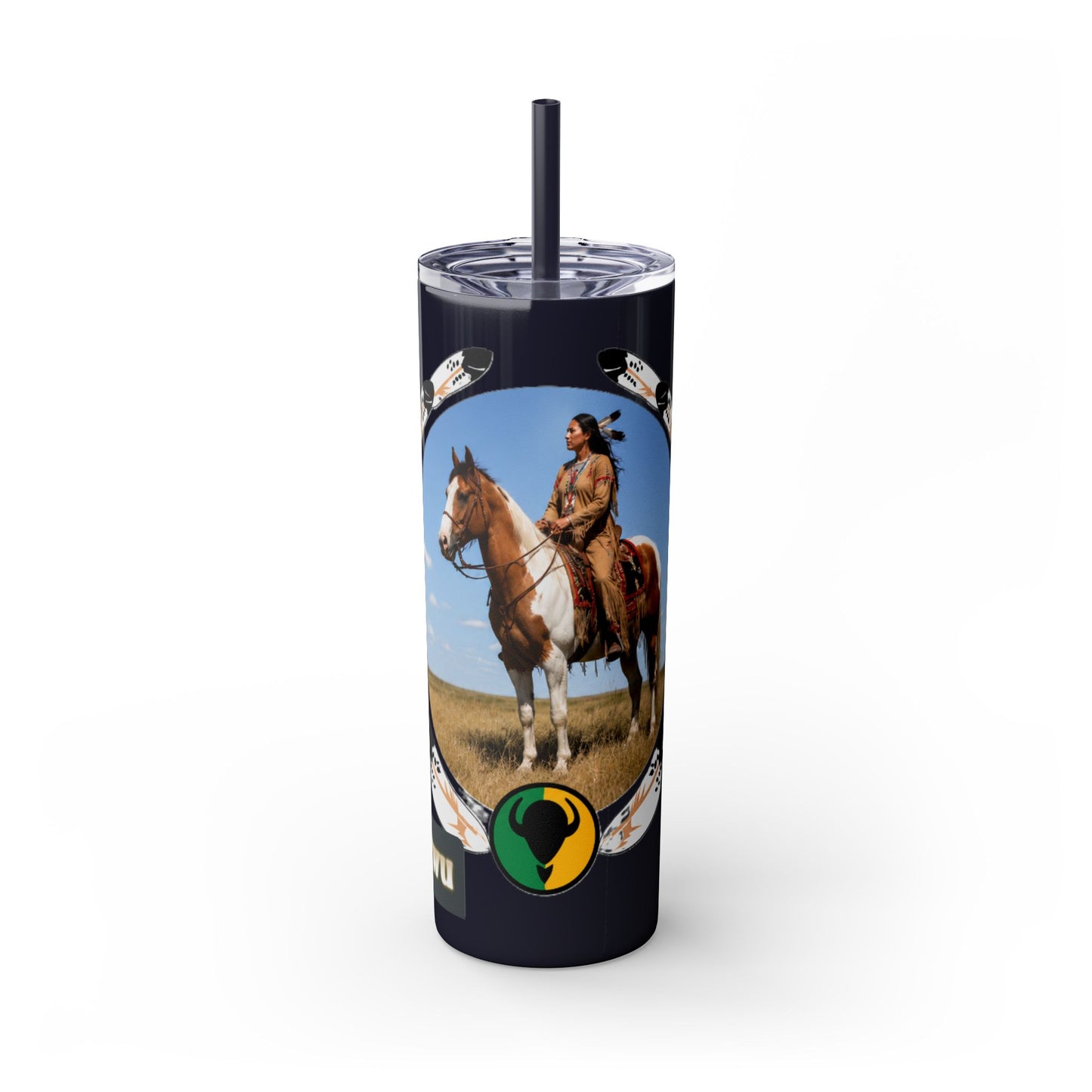 Kiowa Native Warrior on Horse 20oz Skinny Tumbler — Indigenous Heritage Travel Cup with Straw