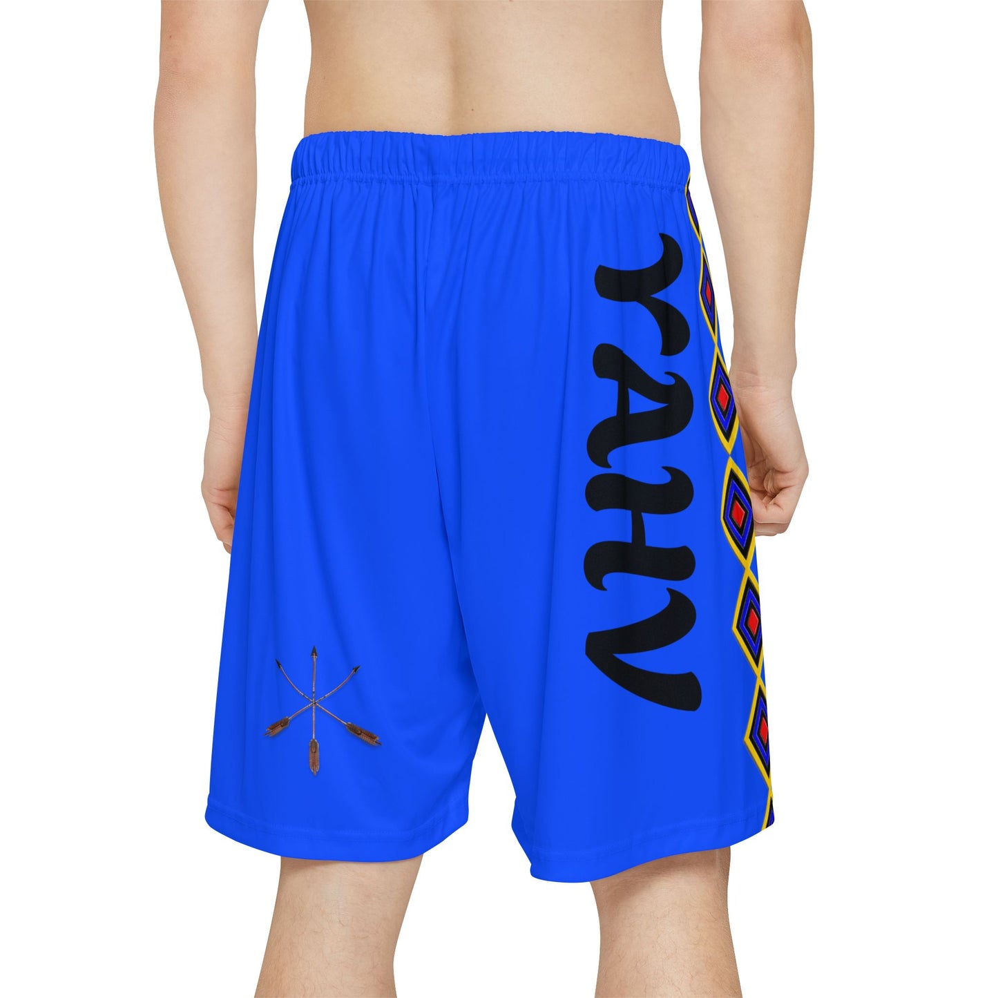Blue Wolf Mvskoke Graphic Sports Shorts — Red Tribal Print YAHV Athletic Shorts