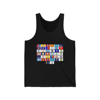 Flag Grid & Arrow Minimalist Tank Top — Graphic Travel & Adventure Muscle Tee