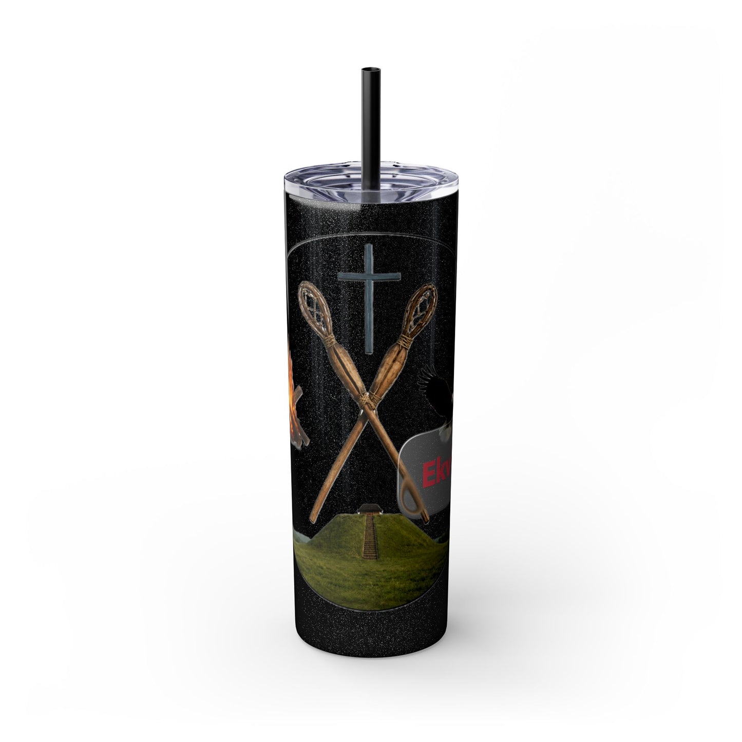 Kialegee 20oz Skinny Tumbler — Faith & Outdoor Lacrosse Design with Cross, Sticks, Campfire