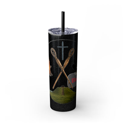 Kialegee 20oz Skinny Tumbler — Faith & Outdoor Lacrosse Design with Cross, Sticks, Campfire