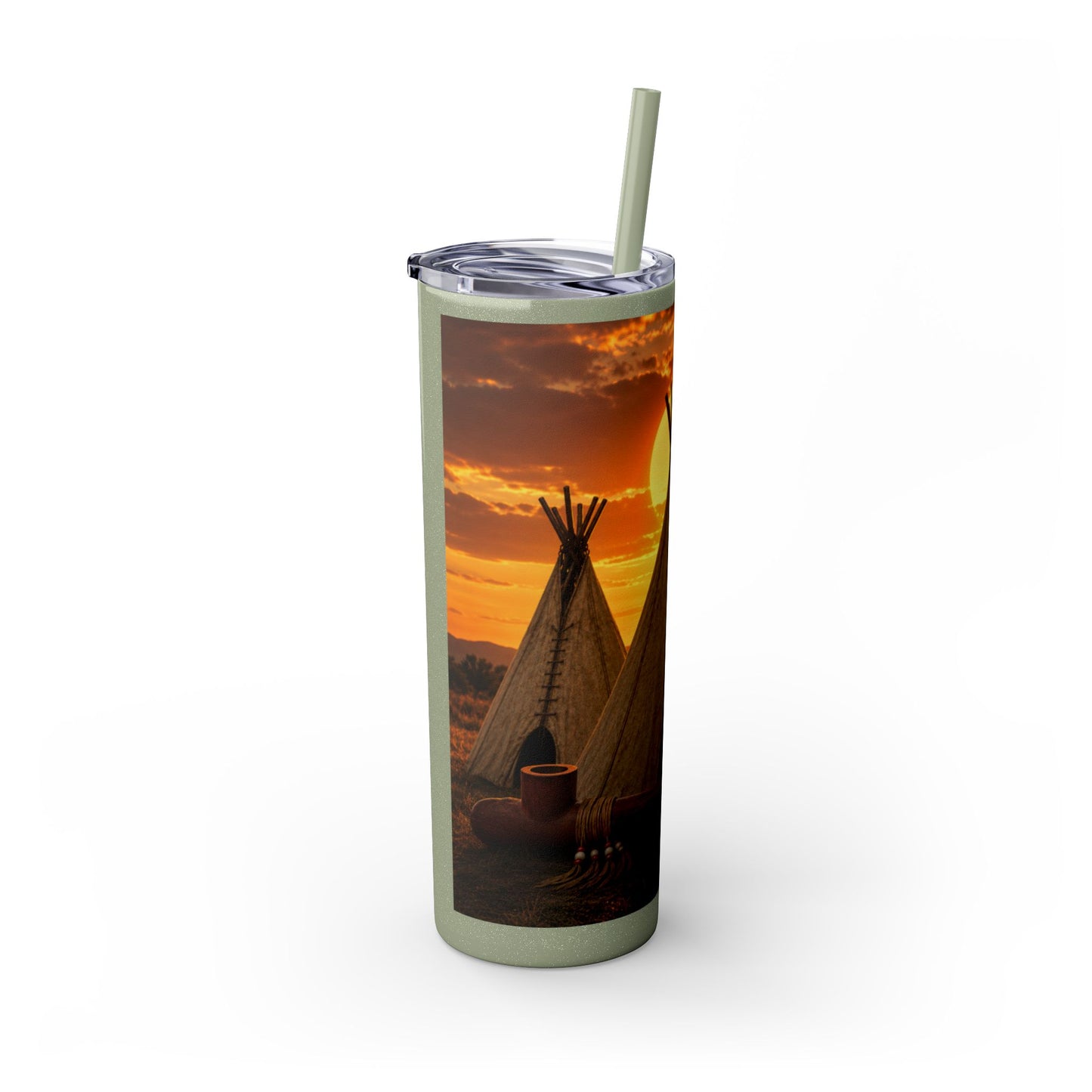 Ponca Sunset Teepee Skinny Tumbler — 20oz Insulated Straw Cup