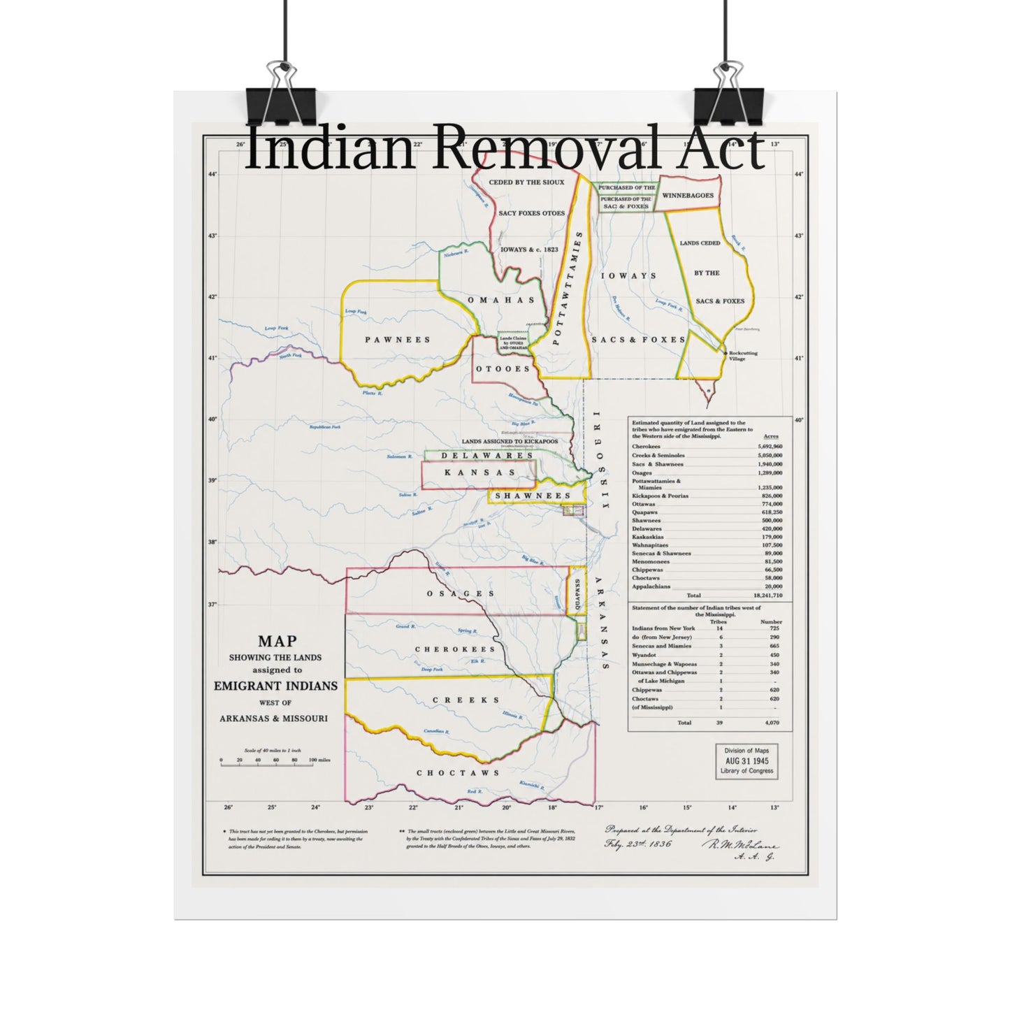 Indian Removal Act Historical Map Poster — Rolled Vintage Map Wall Art