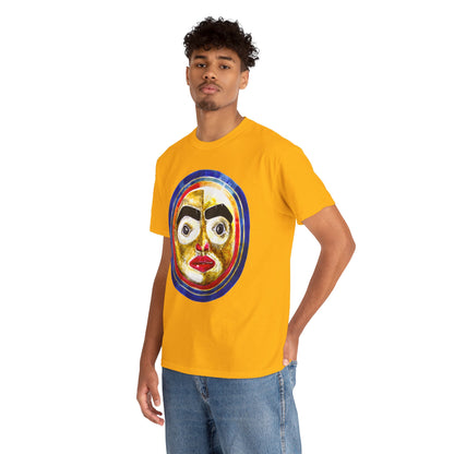 Moon Mask Art Tee — Colorful Surreal Face Graphic T-Shirt
