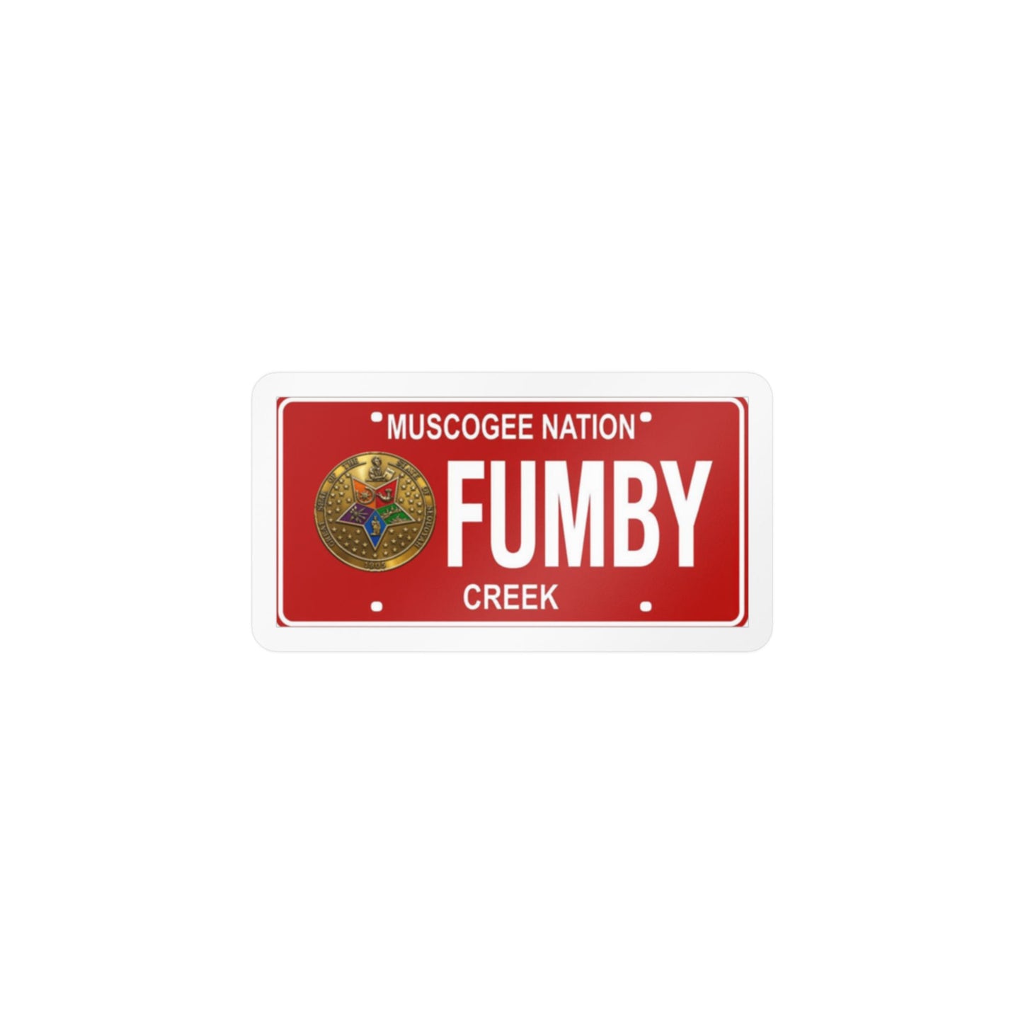 “Fumby Creek” License Plate Vinyl Sticker — Red Kiss-Cut Decal