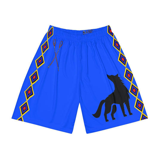 Blue Wolf Mvskoke Graphic Sports Shorts — Red Tribal Print YAHV Athletic Shorts