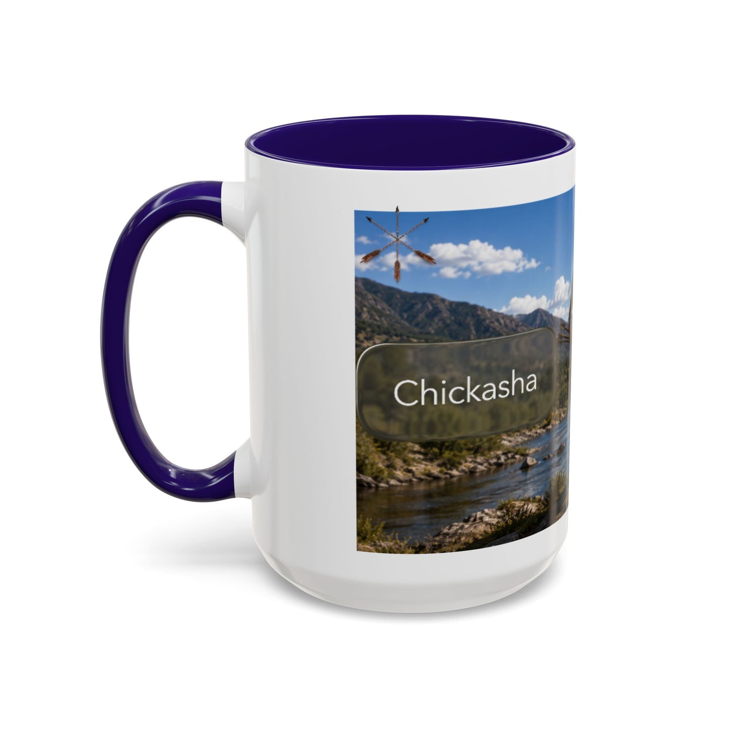Chickasaw Warrior Statue Scenic Mug — Mythic Landscape Coffee Cup (11oz/15oz)