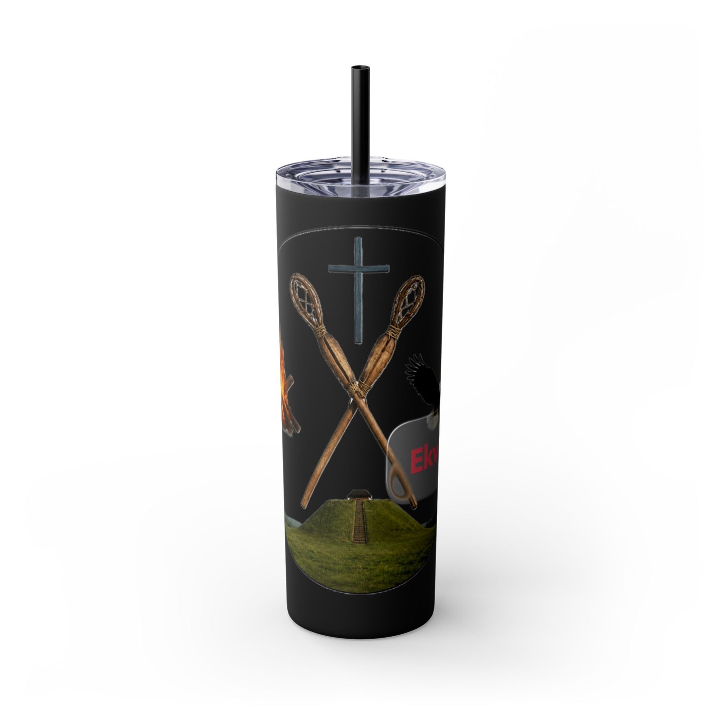 Kialegee 20oz Skinny Tumbler — Faith & Outdoor Lacrosse Design with Cross, Sticks, Campfire