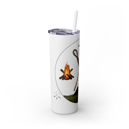 Kialegee 20oz Skinny Tumbler — Faith & Outdoor Lacrosse Design with Cross, Sticks, Campfire