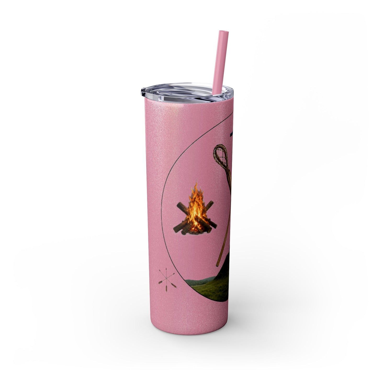 Kialegee 20oz Skinny Tumbler — Faith & Outdoor Lacrosse Design with Cross, Sticks, Campfire