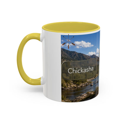 Chickasaw Warrior Statue Scenic Mug — Mythic Landscape Coffee Cup (11oz/15oz)