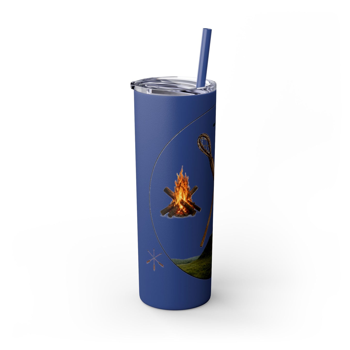 Kialegee 20oz Skinny Tumbler — Faith & Outdoor Lacrosse Design with Cross, Sticks, Campfire