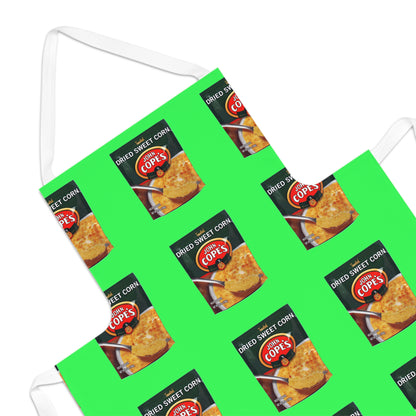 Copes Corn Apron — Retro Canned Sweet Corn Pattern on Bright Green