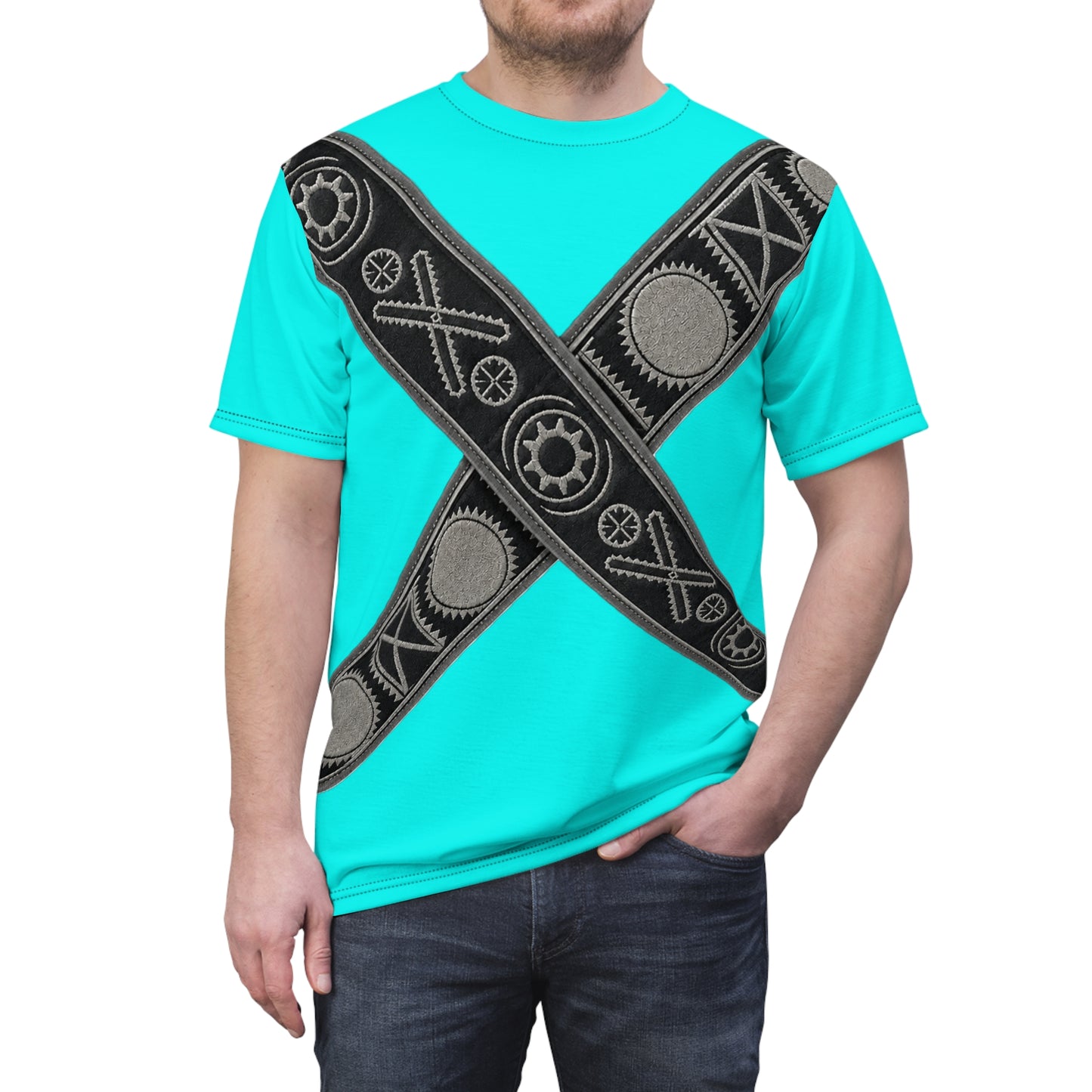 Bandolier Turquoise X Gear Tee — Industrial Steampunk Crossed Belt All-Over Print T‑Shirt