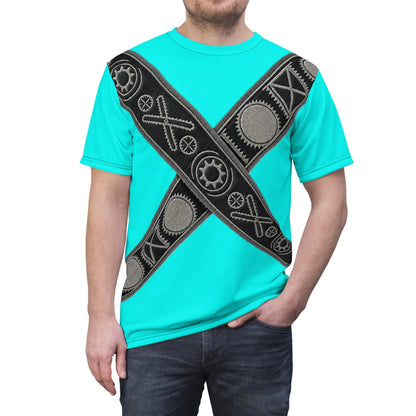 Bandolier Turquoise X Gear Tee — Industrial Steampunk Crossed Belt All-Over Print T‑Shirt