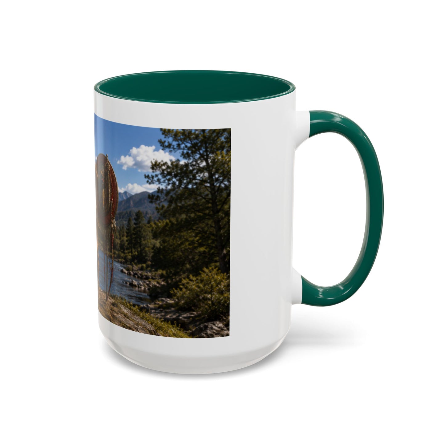 Chickasaw Warrior Statue Scenic Mug — Mythic Landscape Coffee Cup (11oz/15oz)