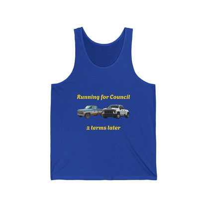 Campaign Tank Top – "Running for Council 2 Terms Later" Political Car Graphic