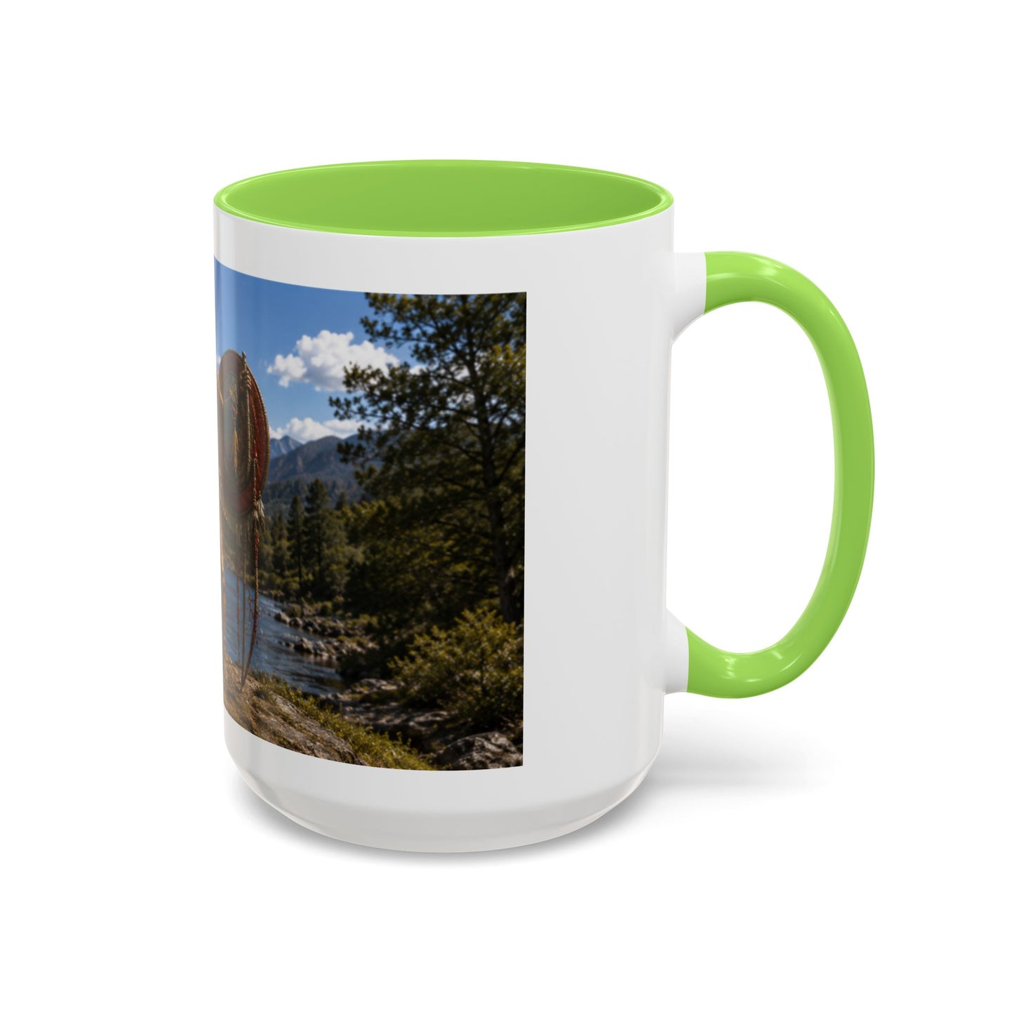 Chickasaw Warrior Statue Scenic Mug — Mythic Landscape Coffee Cup (11oz/15oz)