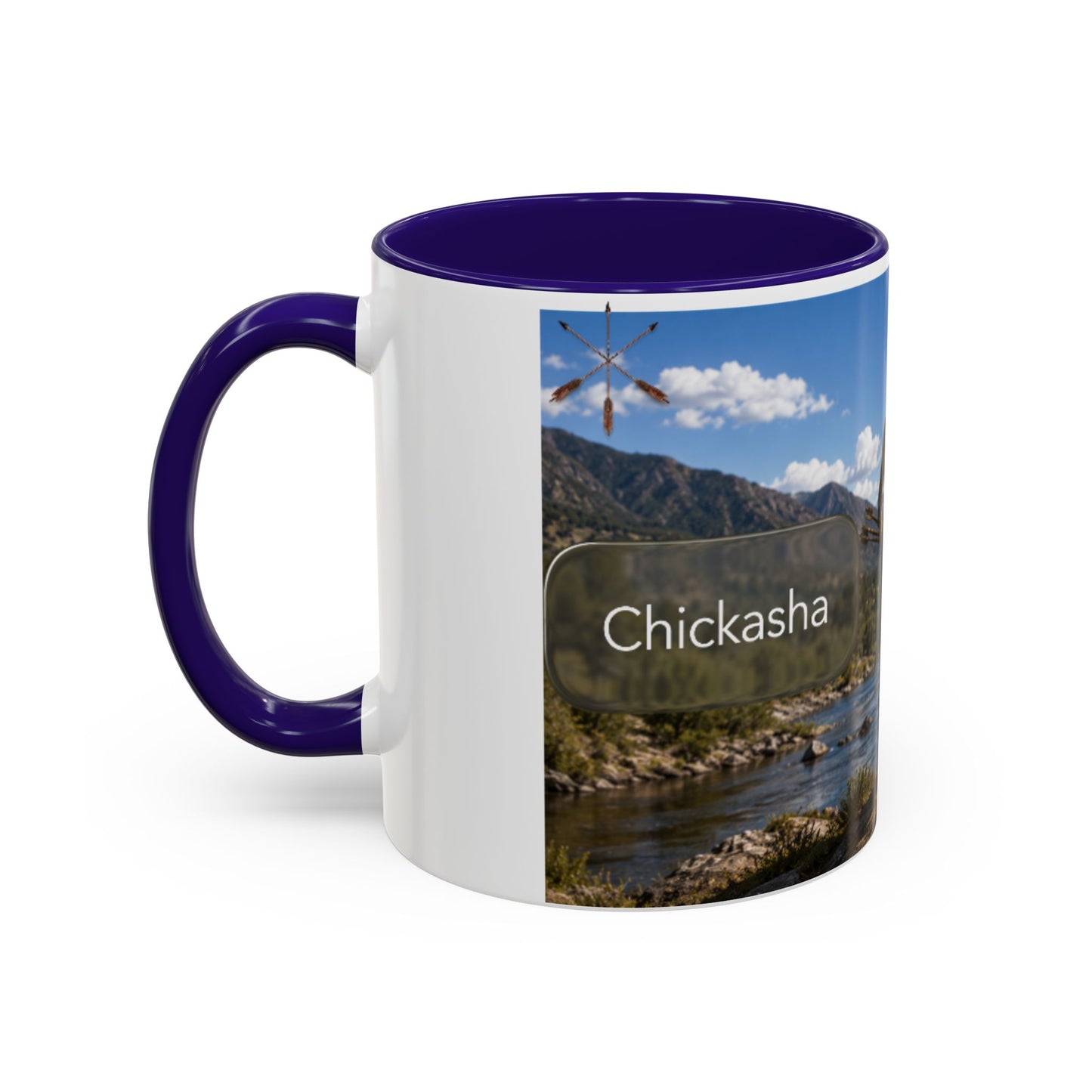 Chickasaw Warrior Statue Scenic Mug — Mythic Landscape Coffee Cup (11oz/15oz)