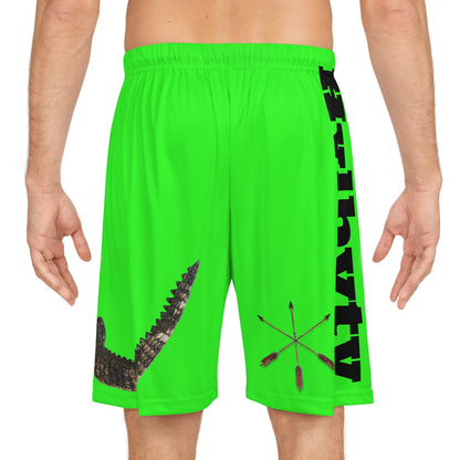 Alligator Hvlbvtv Lacrosse Shorts — Neon Green Graphic Basketball Shorts with Croc & Sticks