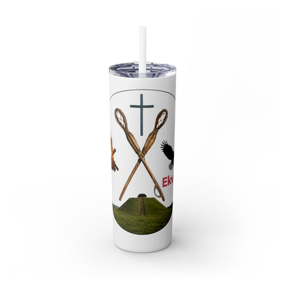Kialegee 20oz Skinny Tumbler — Faith & Outdoor Lacrosse Design with Cross, Sticks, Campfire