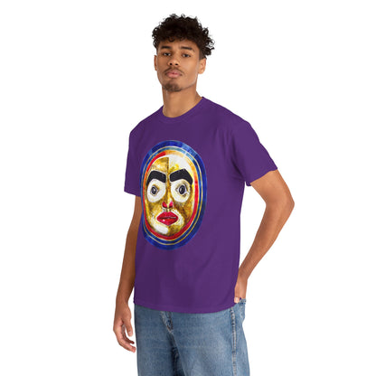 Moon Mask Art Tee — Colorful Surreal Face Graphic T-Shirt
