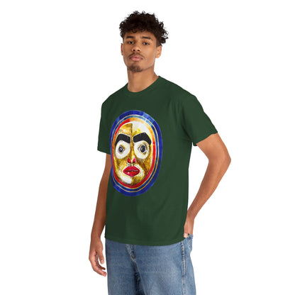 Moon Mask Art Tee — Colorful Surreal Face Graphic T-Shirt