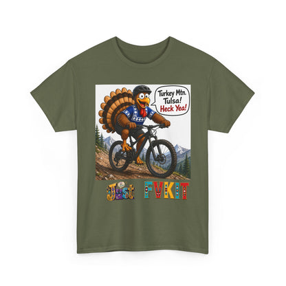 Turkey Mountain Biker Tee — 'Turkey Mtn Tulsa! Heck Yeah!' Graphic T-Shirt