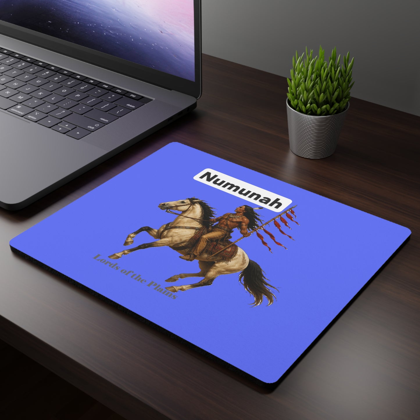 Comanche Numunah Native Rider Mouse Pad — Blue Rectangular Desk Mat