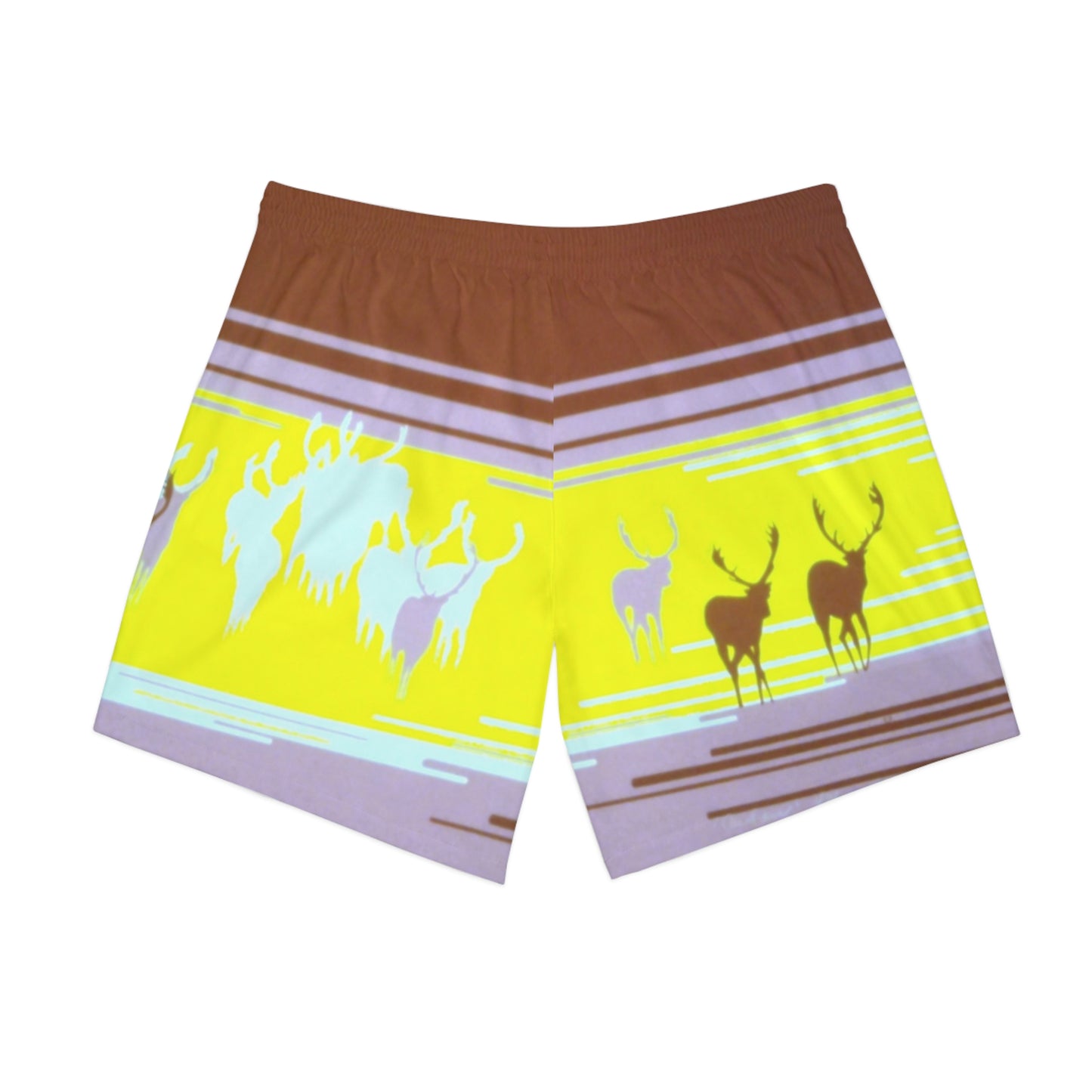 Caribou Stripe Beach Shorts — Retro Yellow & Brown All-Over Print