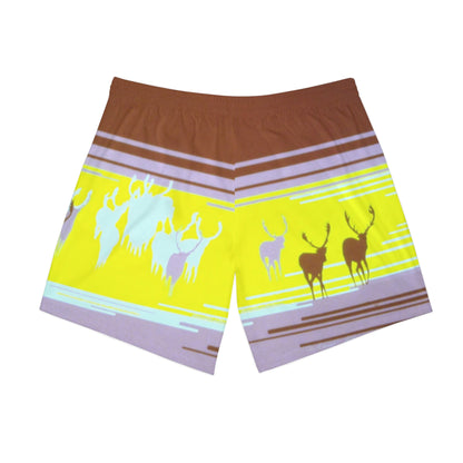 Caribou Stripe Beach Shorts — Retro Yellow & Brown All-Over Print