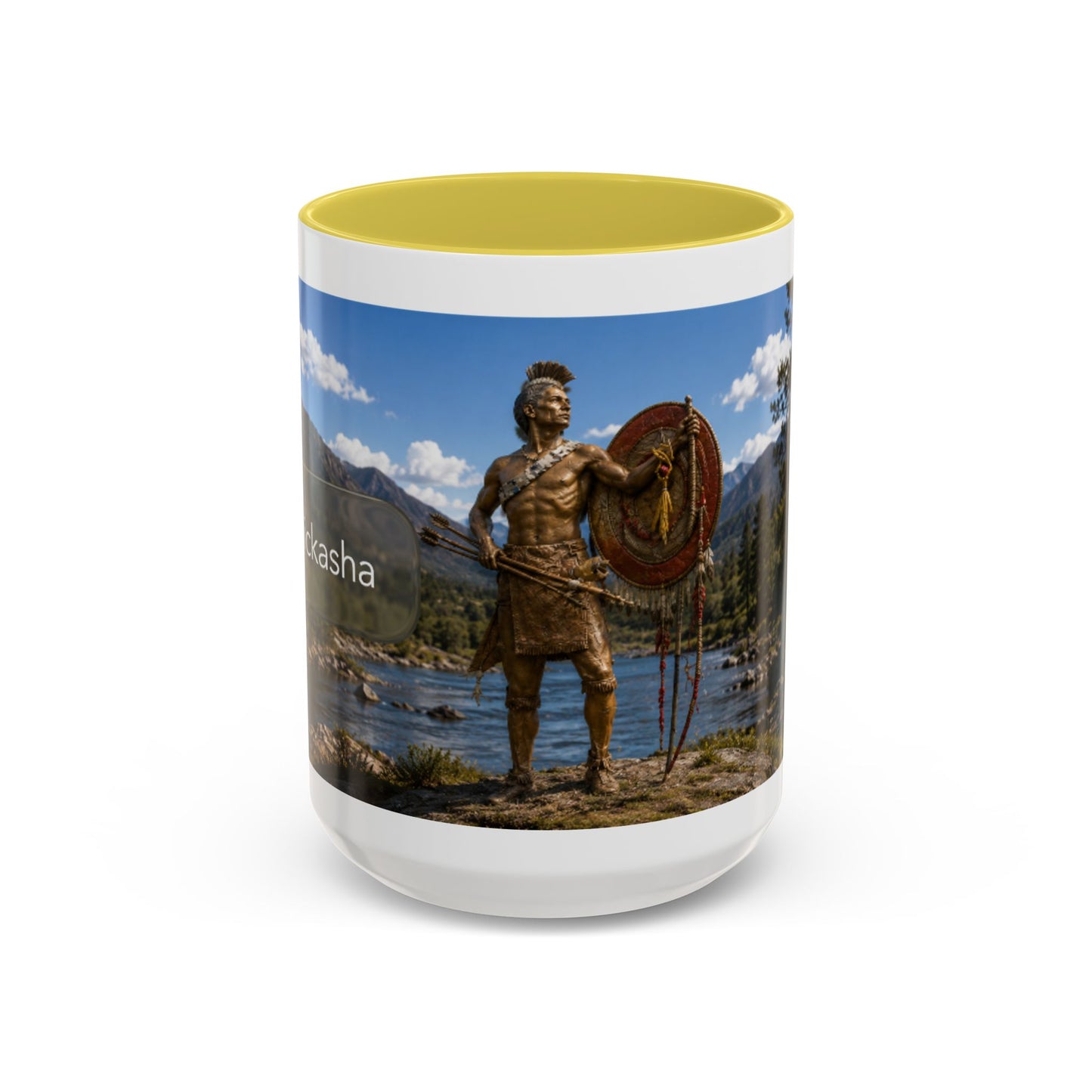 Chickasaw Warrior Statue Scenic Mug — Mythic Landscape Coffee Cup (11oz/15oz)