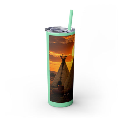 Ponca Sunset Teepee Skinny Tumbler — 20oz Insulated Straw Cup