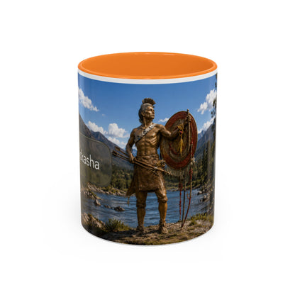 Chickasaw Warrior Statue Scenic Mug — Mythic Landscape Coffee Cup (11oz/15oz)