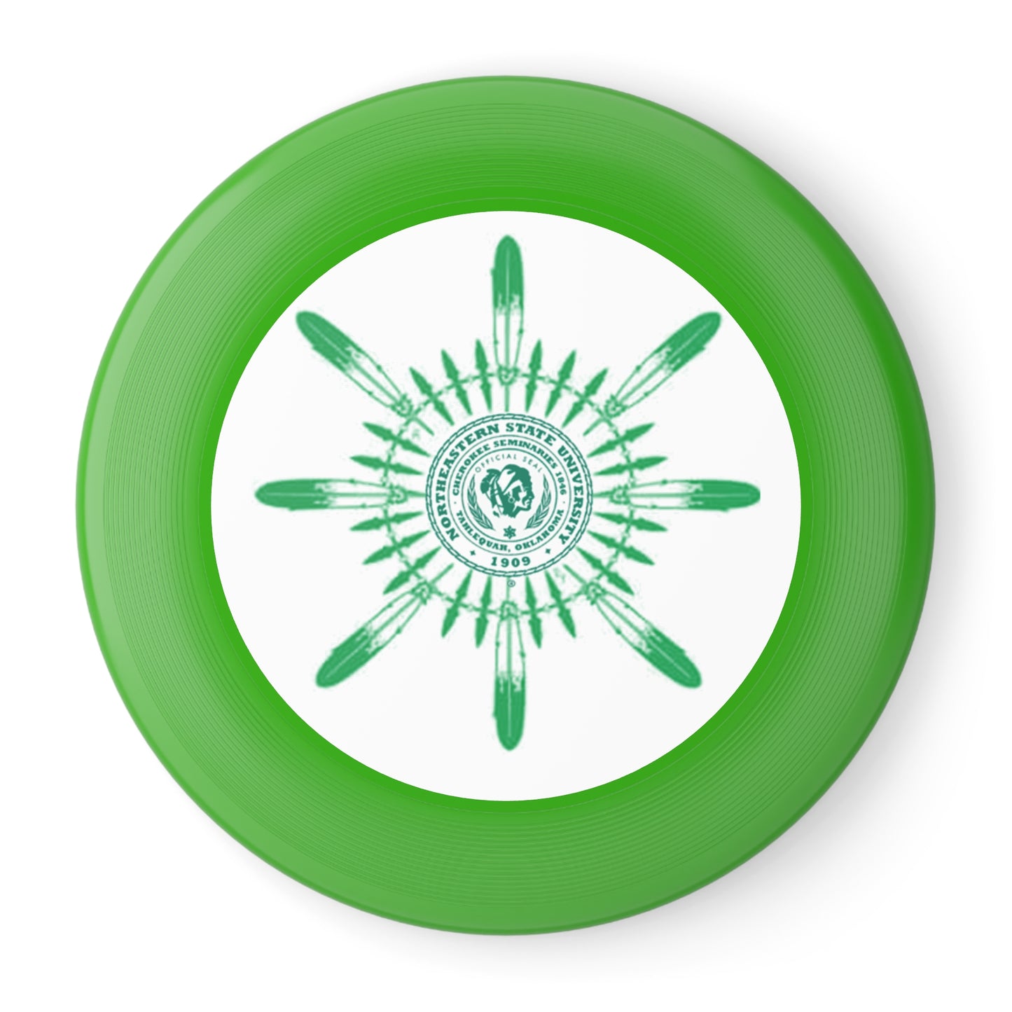 Native NSU Wham‑O Frisbee — Green Sunburst Seal Flying Disc for Campus, Park & Outdoor Games